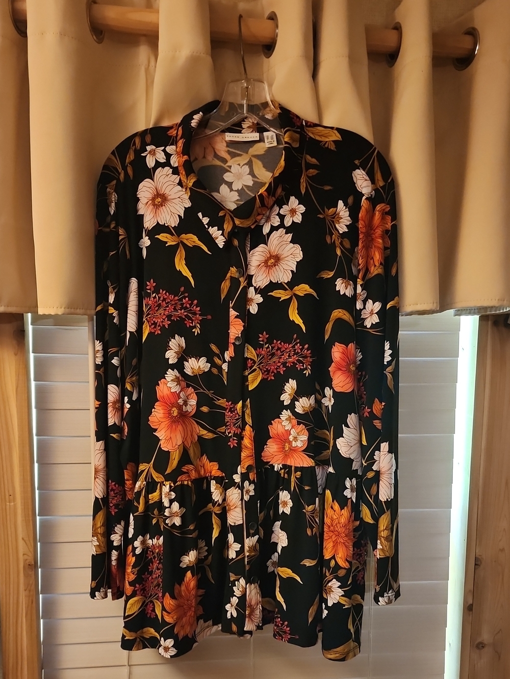 Susan Graver Black Floral Dress with Gold and White Blooms - Picture 2 of 3